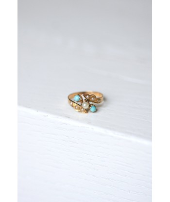 Bague ancienne Toi et Moi, turquoises, perles, sur or rose 50-70% off 