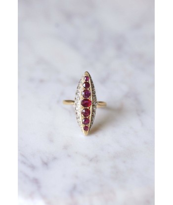 Bague marquise Victorienne diamants et rubis en or et argent france