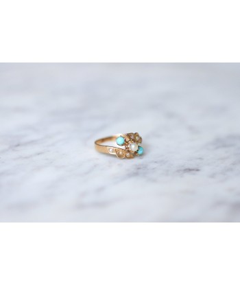 Bague ancienne Toi et Moi, turquoises, perles, sur or rose 50-70% off 