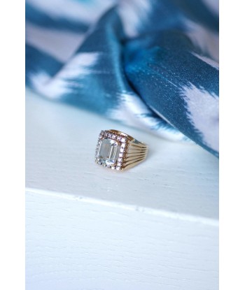 Bague de cocktail vintage aigue-marine et diamants sur or rose et platine pas chere