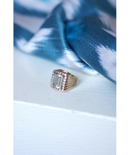 Bague de cocktail vintage aigue-marine et diamants sur or rose et platine pas chere