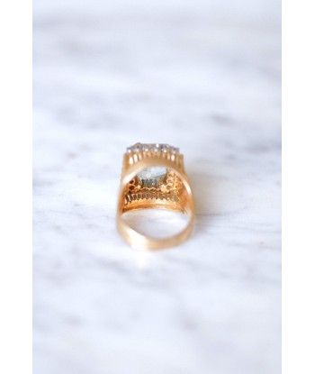 Bague de cocktail vintage aigue-marine et diamants sur or rose et platine pas chere