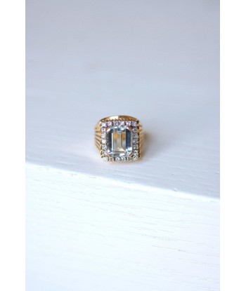 Bague de cocktail vintage aigue-marine et diamants sur or rose et platine pas chere