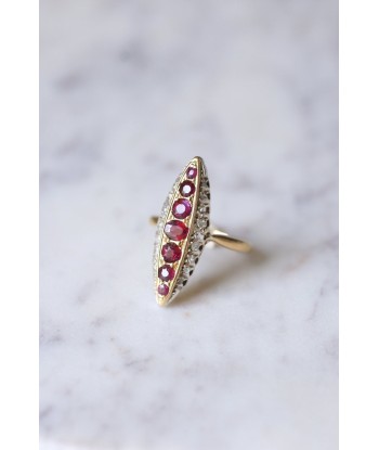 Bague marquise Victorienne diamants et rubis en or et argent france