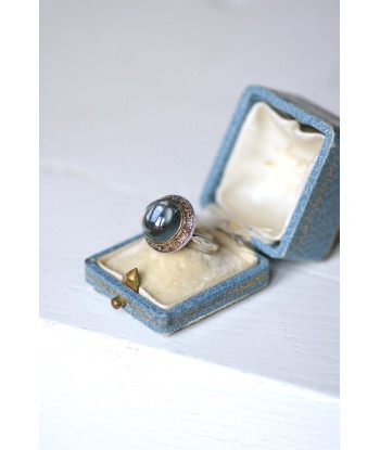 Bague vintage topaze bleue et diamants sur or et argent prix