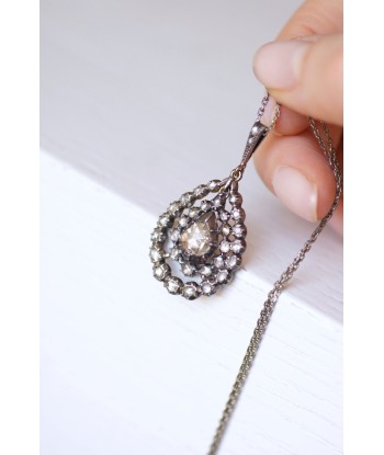 Collier pendentif goutte ancien or et argent, diamants taille rose en linge