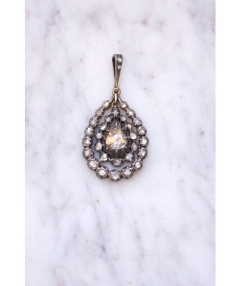 Collier pendentif goutte ancien or et argent, diamants taille rose en linge