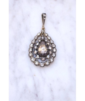 Collier pendentif goutte ancien or et argent, diamants taille rose en linge