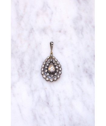 Collier pendentif goutte ancien or et argent, diamants taille rose en linge