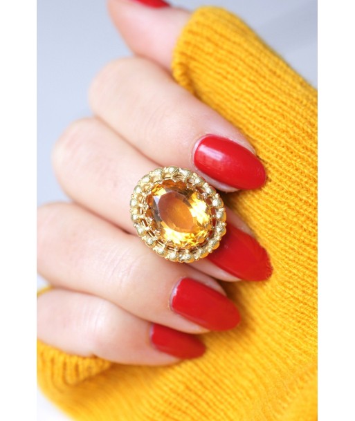 Bague de cocktail ancienne citrine sur or jaune et vert 18Kt en linge