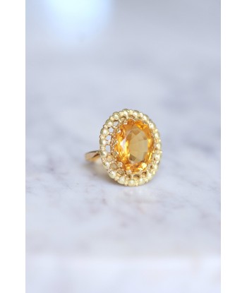 Bague de cocktail ancienne citrine sur or jaune et vert 18Kt en linge