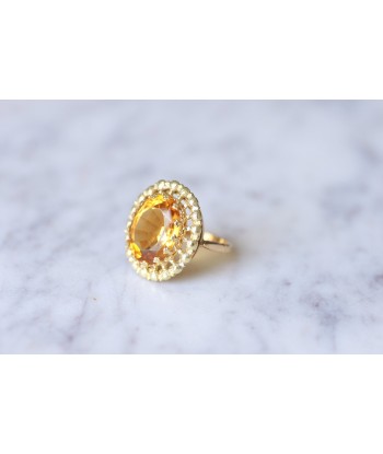 Bague de cocktail ancienne citrine sur or jaune et vert 18Kt en linge