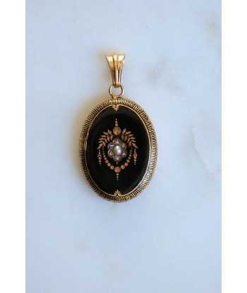 Pendentif médaillon ancien en or, émail noir, perle fine, diamants meilleur choix