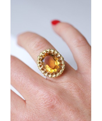 Bague de cocktail ancienne citrine sur or jaune et vert 18Kt en linge