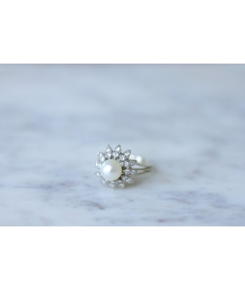 Bague fleur vintage or blanc, perle, et diamants pas cheres