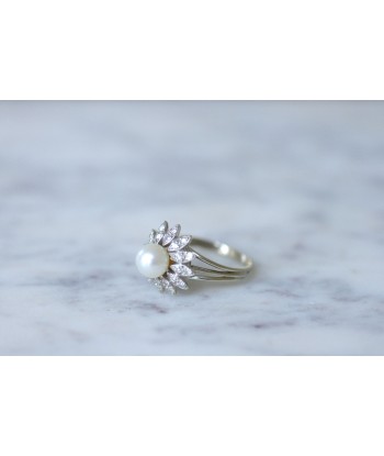 Bague fleur vintage or blanc, perle, et diamants pas cheres