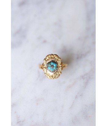 Bague ancienne plaque en or jaune, turquoises, et diamant pas cher