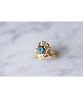 Bague ancienne plaque en or jaune, turquoises, et diamant pas cher