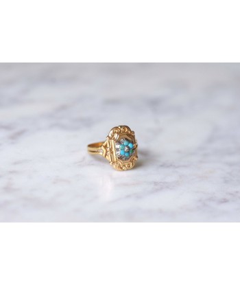 Bague ancienne plaque en or jaune, turquoises, et diamant pas cher