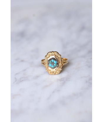 Bague ancienne plaque en or jaune, turquoises, et diamant pas cher