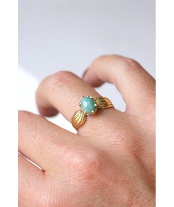 Bague vintage ruban en or jaune et cabochon d'amazonite pas cher 