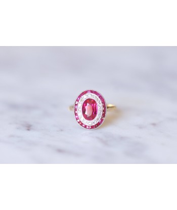 Bague de fiançailles Art Deco en or jaune et platine, diamants et rubis synthétiques Dans la société mordern