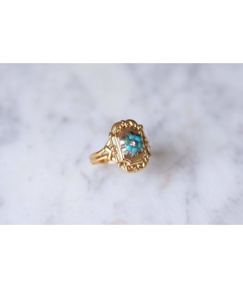 Bague ancienne plaque en or jaune, turquoises, et diamant pas cher