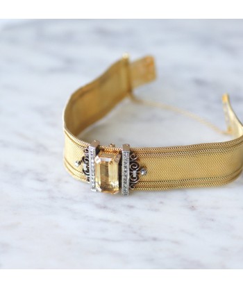 Bracelet manchette maille milanaise, diamants et citrine Faites des économies