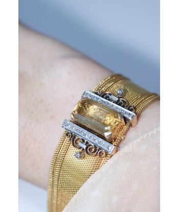 Bracelet manchette maille milanaise, diamants et citrine Faites des économies