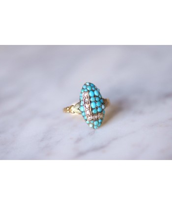 Bague marquise ancienne lettre L, en or 18Kt, turquoises et diamants 2 - 3 jours ouvrés.