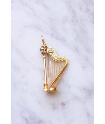 Pendentif Victorien harpe en or jaune et turquoise à compartiment secret outlet