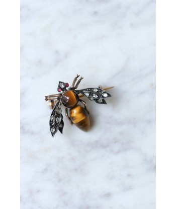 Broche ancienne abeille oeil de tigre et diamants basket pas cher