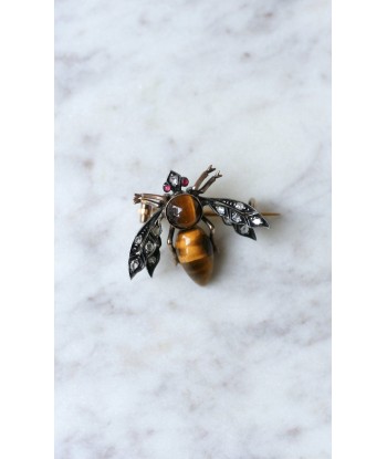 Broche ancienne abeille oeil de tigre et diamants basket pas cher