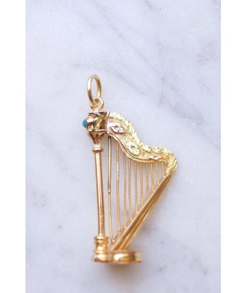 Pendentif Victorien harpe en or jaune et turquoise à compartiment secret outlet