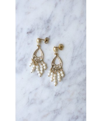 Boucles d'oreilles or jaune et franges de perles une grave pollution 