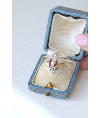 Bague Marquise Art Deco perle, diamants & rubis la chaussure