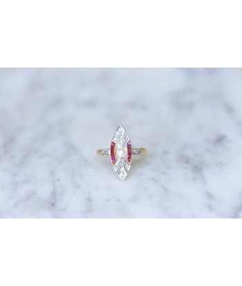 Bague Marquise Art Deco perle, diamants & rubis la chaussure