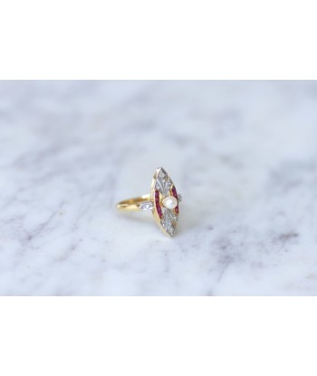 Bague Marquise Art Deco perle, diamants & rubis la chaussure