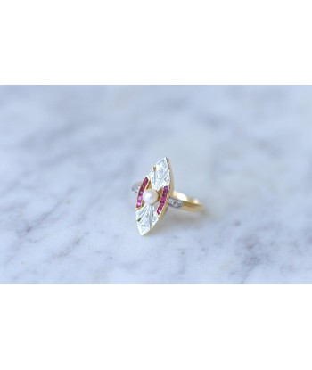 Bague Marquise Art Deco perle, diamants & rubis la chaussure