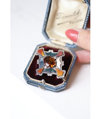 Broche losange Ecossaise ancienne en argent, jaspe, et agate une grave pollution 