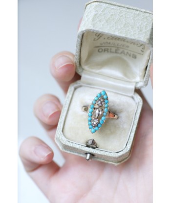 Bague marquise turquoises et diamants brillant des détails fins