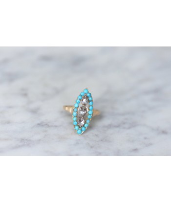 Bague marquise turquoises et diamants brillant des détails fins