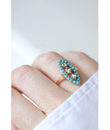 Bague marquise turquoises et diamants brillant des détails fins