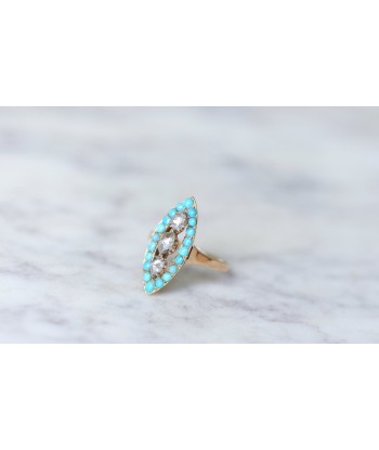 Bague marquise turquoises et diamants brillant des détails fins