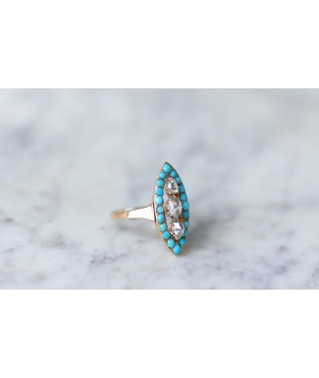 Bague marquise turquoises et diamants brillant des détails fins