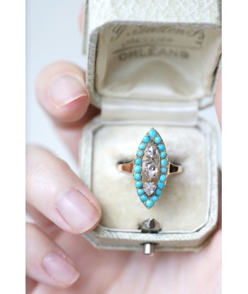 Bague marquise turquoises et diamants brillant des détails fins